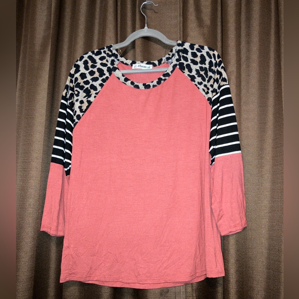 Macaron Leopard and Striped Sleeve Coral Top